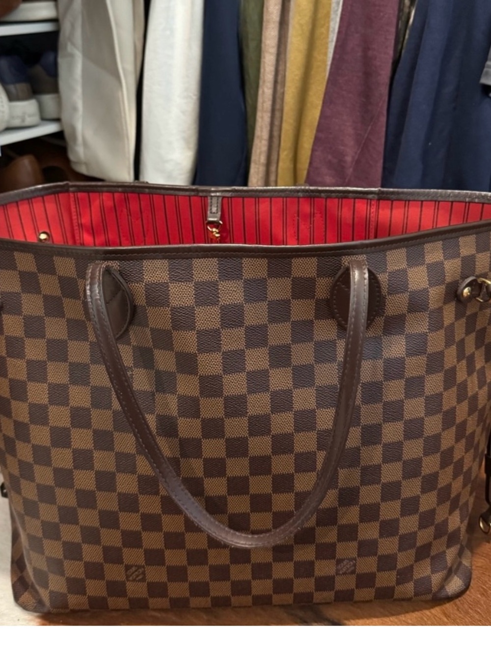 Authentic Louis Vuitton never full MM in Damier Evene canvas with Red linen